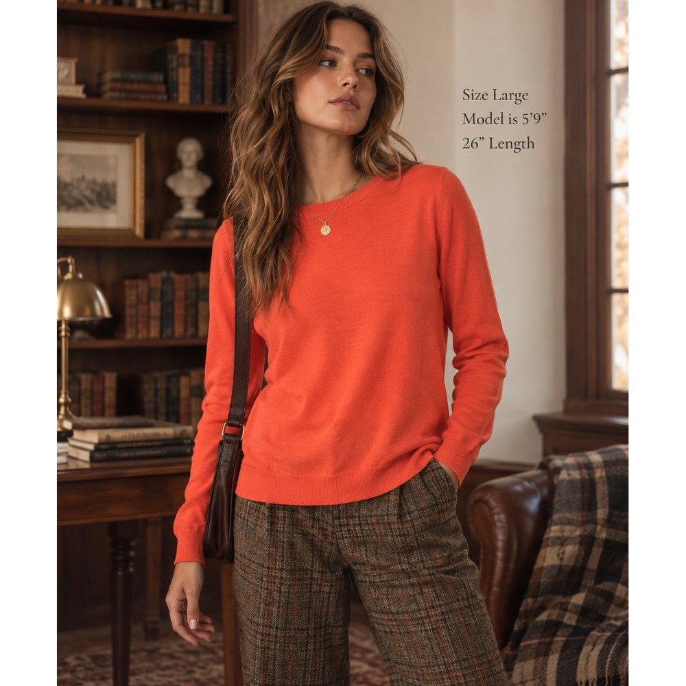 J.Crew Womens Merino Wool Sweater Size L Orange Crewneck Classic Academia Fall